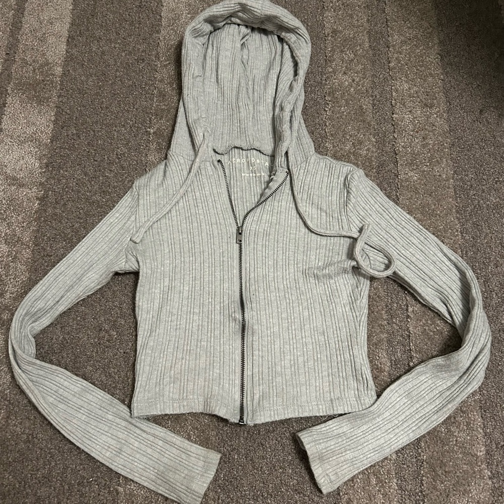 Gray Ribbed Zip-Up Hoodie